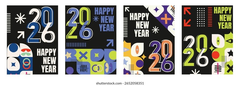 Modern 2026 New Year Poster Set Abstract Geometric Holiday Greeting Card Templates Collection of 2026 Happy New Year card, cover, poster. Vector illustration