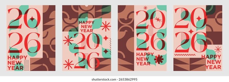 Moderno 2026 Año Nuevo Póster Set Geométrico Abstractas Festiva Plantillas de tarjetas de felicitación Colección de 2026 Feliz Año Nuevo tarjeta, cubierta, póster. Ilustración vectorial