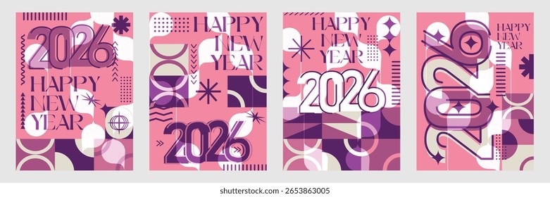 Moderno 2026 Año Nuevo Póster Set Geométrico Abstractas Festiva Plantillas de tarjetas de felicitación Colección de 2026 Feliz Año Nuevo tarjeta, cubierta, póster. Ilustración vectorial