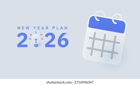 Moderne 2026 Text Kalender Hintergründe Planer Horizontale Icon Illustration mit Glasmorphismus Idee und Plan jährlichen Titel für die Organisation ClipArt Glühbirne Blue Clean Office Simplicity Minimalist