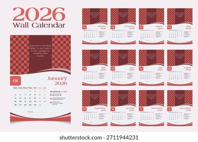 Calendario de pared moderno 2026 Plantilla, planificador de diseño rojo y blanco, 2026 12 Página Diseño de calendario de pared, Calendario 2026