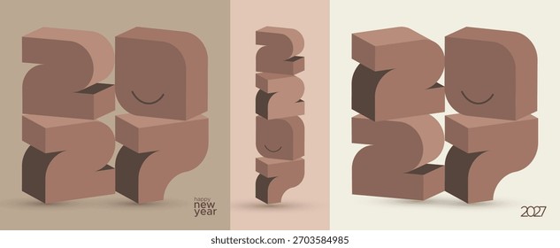 Concepto moderno de 2027 creado con tipografía marrón 3D suave y Formas geométricas redondeadas, ideal para promociones de Nuevo año, carteles, proyectos de marca y gráficos creativos de vacaciones