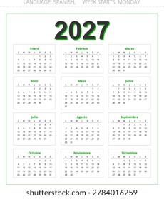 Modern 2027 spanish vector calendar for Spain with simple yearly layout and professional vertical template