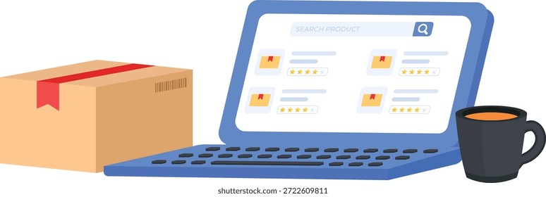 Un moderno icono plano 2D que ilustra la gestión de pedidos en línea, con un portátil con listados de productos y una caja empaquetada, que representa el comercio electrónico, las compras en línea, el procesamiento de pedidos y los sistemas digitales de venta minorista.