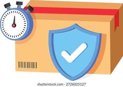 A modern 2D flat icon representing secure and timely delivery, featuring a package with a safety shield and stopwatch, ideal for logistics services, express shipping, and trusted e-commerce fulfillment.