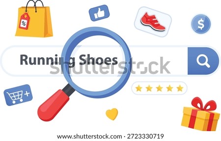 A modern 2D flat icon representing online product search with a magnifying glass, search bar, shopping, ratings, and e-commerce elements, ideal for marketplaces, retail apps, and digital shopping platforms.
