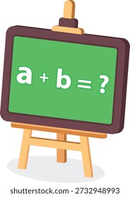A modern 2D flat icon showing a classroom board with a simple math equation, representing education, learning, algebra, and academic problem-solving concepts.