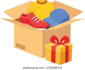 Una moderna ilustración plana en 2D que representa la personalización del Paquete, mostrando productos seleccionados empaquetados junto con una opción de regalo, ideal para plataformas de comercio electrónico que ofrecen Paquetes personalizados y Conjuntos de productos personalizados.