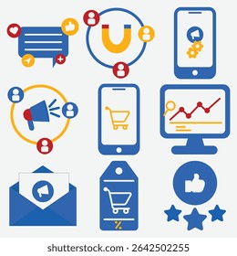 Modern 2D Icon Pack of Online Marketing, Shopping App Interface, and Performance Analytics Elements