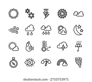 Un moderno paquete de iconos de Clima de Vector 2D con contorno que presenta ilustraciones claras y simples de sol, nubes, lluvia, nieve, truenos, viento, humedad, temperatura e Elementos estacionales.