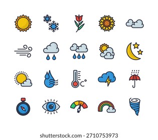 Un moderno paquete de iconos de Clima de Vector 2D con contorno que presenta ilustraciones claras y simples de sol, nubes, lluvia, nieve, truenos, viento, humedad, temperatura e Elementos estacionales.
