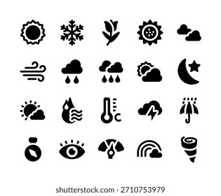 Un moderno paquete de iconos de Clima de Vector 2D con estilo glifo o sólido con ilustraciones claras y simples de sol, nubes, lluvia, nieve, truenos, viento, humedad, temperatura e Elementos estacionales.