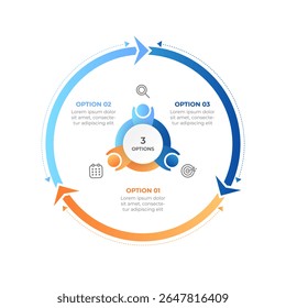 Infografía circular moderna de 3 pasos para procesos, ciclos u opciones. Ilustración vectorial.