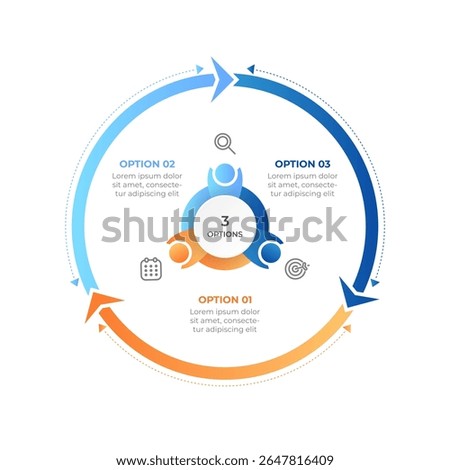 Modern 3 step circular infographic for processes, cycles, or options. Vector illustration.