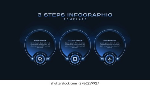 Modern 3 step infographic design with blue gradient neon elements, futuristic workflow presentation, digital business process chart, technology vector template for presentations