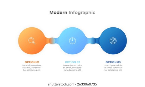 Modern 3 step infographic. Horizontal flow with icons for business presentations and breaking down processes. Vector illustration.