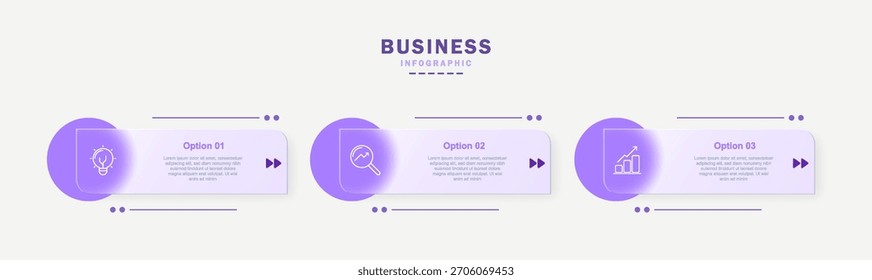 Infográfico de linha do tempo moderno de 3 passos para o fluxo de trabalho de negócios. Layout horizontal limpo no plano de fundo branco para designs de apresentação contemporâneos