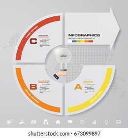 Modern 3 steps with arrow infographic element with set of icons for presentation. EPS10.