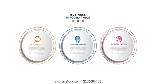 Moderno 3 pasos, opción o niveles línea infografía con etiqueta. Gráfico de información de línea de tiempo. Presentación comercial, folleto informativo, banner, plantilla de diseño de flujo de trabajo. Ilustración del vector Eps10