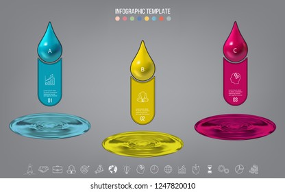 Modern 3 steps presentation, business infographics template. Colorful raindrops vector illustration isolated on grey. Realistic 3d vector, created by mesh tool. Template, set for presentations.