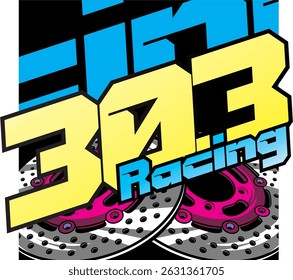 Modern 303 number vector and blue and yellow racing text, disc brake accessory illustration, cartoon 3D design, colorful background.