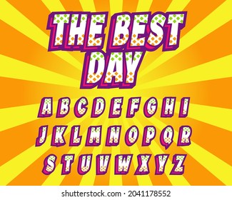 Modernes 3D Alphabet, Comic-Titel, lustiger Happy Text, Texteffekt für Spiele Vektorgrafik, Markenzeichen und Logotyp-Aufkleber.