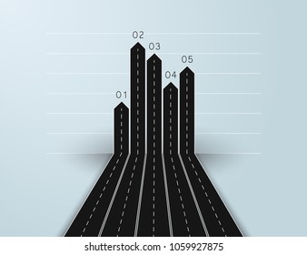 Modern 3D arrow roads map of business and journey infographic with five options for brochure, diagram, workflow, timeline, web design. Vector EPS 10
