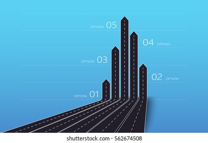 Modern 3D arrow roads map of business and journey infographic with five options for brochure, diagram, workflow, timeline, web design. Vector EPS 10