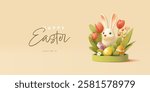 Modern 3D banner, Happy Easter. Cute bunny on a green catwalk, tulips, daisies, grass, Easter eggs. Vector