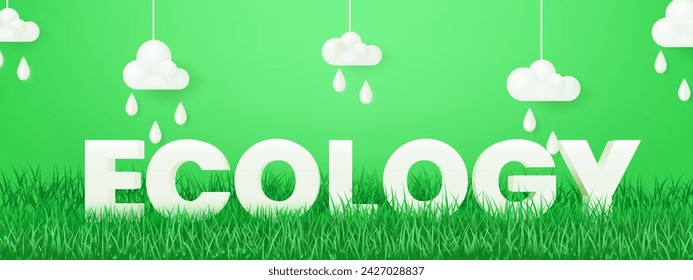 A modern 3D banner showcasing ecological elements: realistic grass, clouds, and rain. Perfect for environmental businesses, the design promotes nature conservation and green initiatives. Not AI.