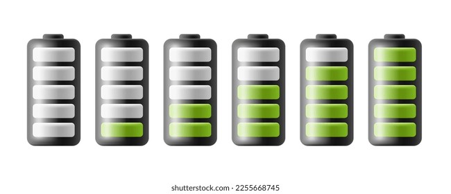 Modern 3D batteries with green markings of different condition and battery level. For use in the design of electronic equipment and cars.