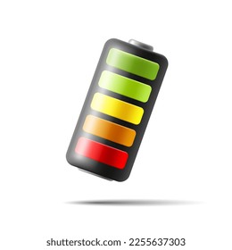 Modern 3D battery with a multi-colored battery charge status that lights up. Battery for advertising materials of technological projects on a white background.