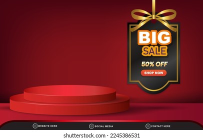 modern 3d big sale discount sale template banner with blank space 3d podium for product sale with abstract gradient red background design