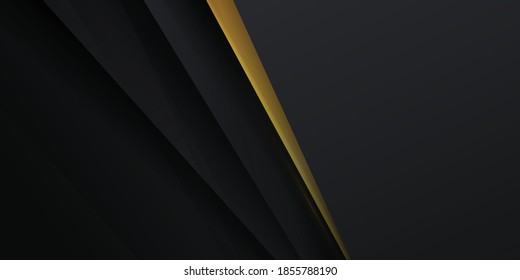Moderno fondo abstracto 3d negro con elegante decoración dorada brillante. Ilustración vectorial con espacio de copia para el fondo de la presentación, folleto, página de inicio, perfil de la empresa, diseño de juegos