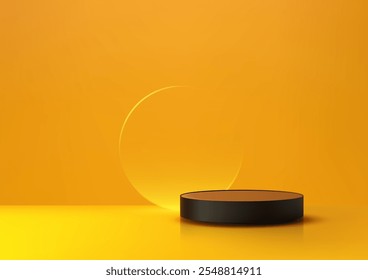 El moderno podio cilíndrico negro 3D destaca sobre un fondo amarillo brillante, iluminado por un círculo transparente. Maquetas de productos minimalistas, pantallas creativas y vitrinas