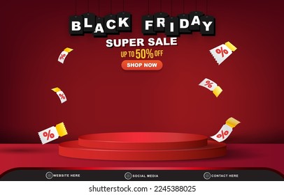 modern 3d black friday super sale discount template banner with blank space 3d podium for product sale with abstract gradient red background design