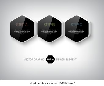 Modern 3d black hexagonal infographic boxes. Numbered banners. Plastic glossy badges. Can be used for website and promotion. Clean design layout template.