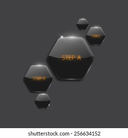 Modern 3d black hexagonal infographic boxes. Numbered banners. Plastic glossy badges. 