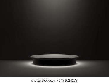 Modern 3D Black Podium with Spotlight in a Dark Room, Ideal for Product Display, Mockup, Showroom, and Showcase