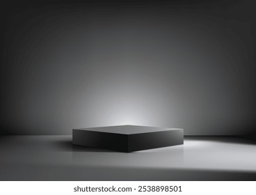 Modern 3D black podium stands on a reflective surface, illuminated by a spotlight in a dark setting. Perfect for luxury product mockups, minimalistic showrooms