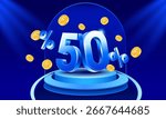 Modern 3D blue 50% Off on podium discount banner with floating golden coins and stage spotlight effect, ideal for online shopping promotions. 3d vector illustration