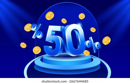 Moderno 3D azul 50% de descuento en el Anuncio de descuento de podio con monedas de oro flotantes y efecto de foco de escenario, ideal para promociones de compras en línea. Ilustración vectorial 3D
