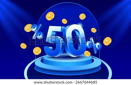 Modern 3D blue 50% Off on podium discount banner with floating golden coins and stage spotlight effect, ideal for online shopping promotions. 3d vector illustration