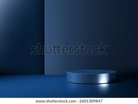 modern 3d blue cylindrical podium on a reflective surface, perfect for minimalist product displays, mockups, and showroom presentations. branding, advertising, and corporate showcases