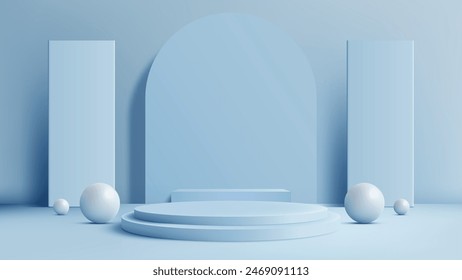 Modern 3D Blue Podium with Rounded Backdrop and Geometric Elements, Perfect for Product Display and Mockups