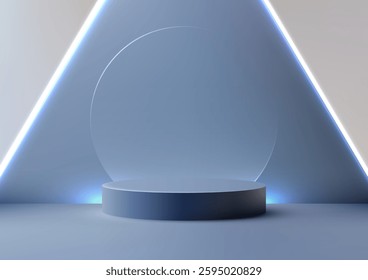 modern 3d blue podium stand framed by glowing lights and a translucent circle backdrop, perfect for product displays, technology concepts, and sleek showroom presentations