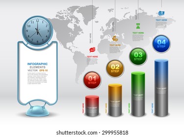 Modern 3D business Infographics elements, Map of the earth, Business time, Step up number options, Vector illustration Eps 10