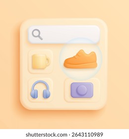 Moderna interface de pesquisa de catálogo 3D mostrando sapato caneca fones de ouvido ícones da câmera no fundo isolado do pastel macio para compras online comércio eletrônico e ilustração vetor de navegação de produto digital