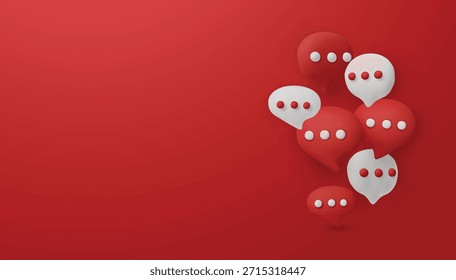 O moderno bate-papo em 3D borbulha em um fundo vermelho, simbolizando a comunicação on-line, mensagens de mídia social e diálogo digital.