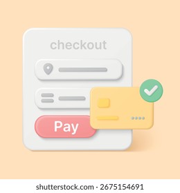 Moderna interface de checkout 3D com cartão de pagamento e botão de pagamento para compras on-line seguras, transações digitais e e-commerce sites ilustração vetorial